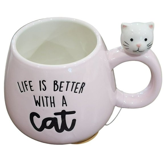 Set of 2 Life Is Better With a Cat Kitten Figurine Pink Ceramic Coffee Mug 16oz - Picture 12 of 16